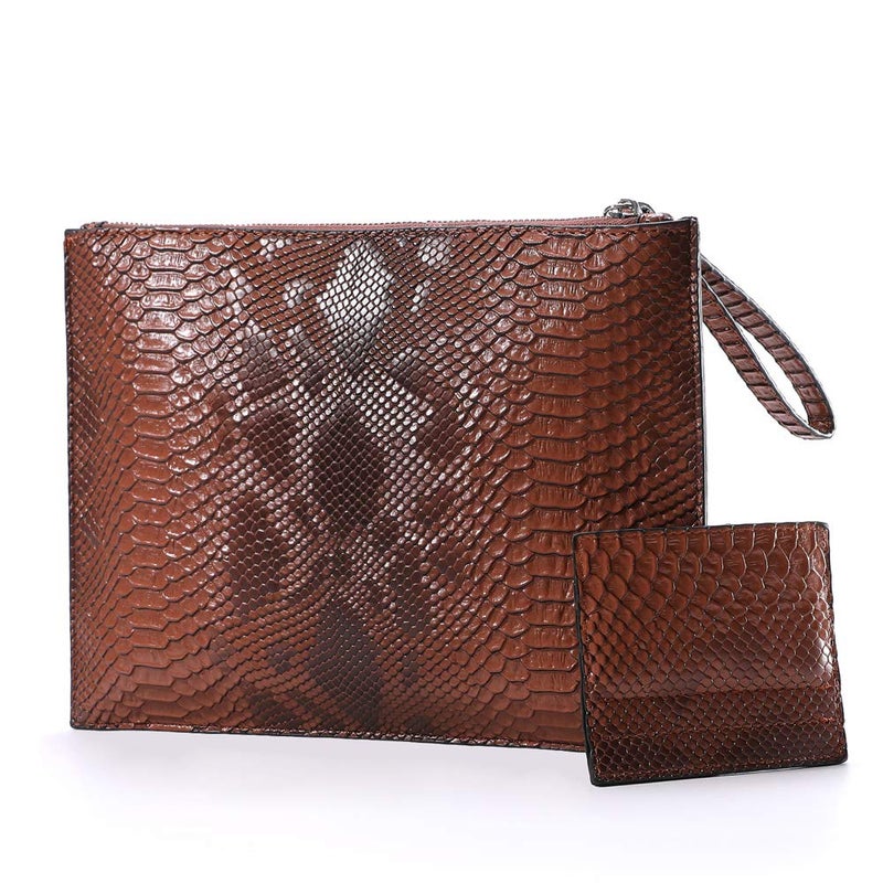 NIGEDU Women Clutches Fashion Snakeskin PU Leather Party Envelope Purse Bag with Hand Strap (Brown) - Image 1
